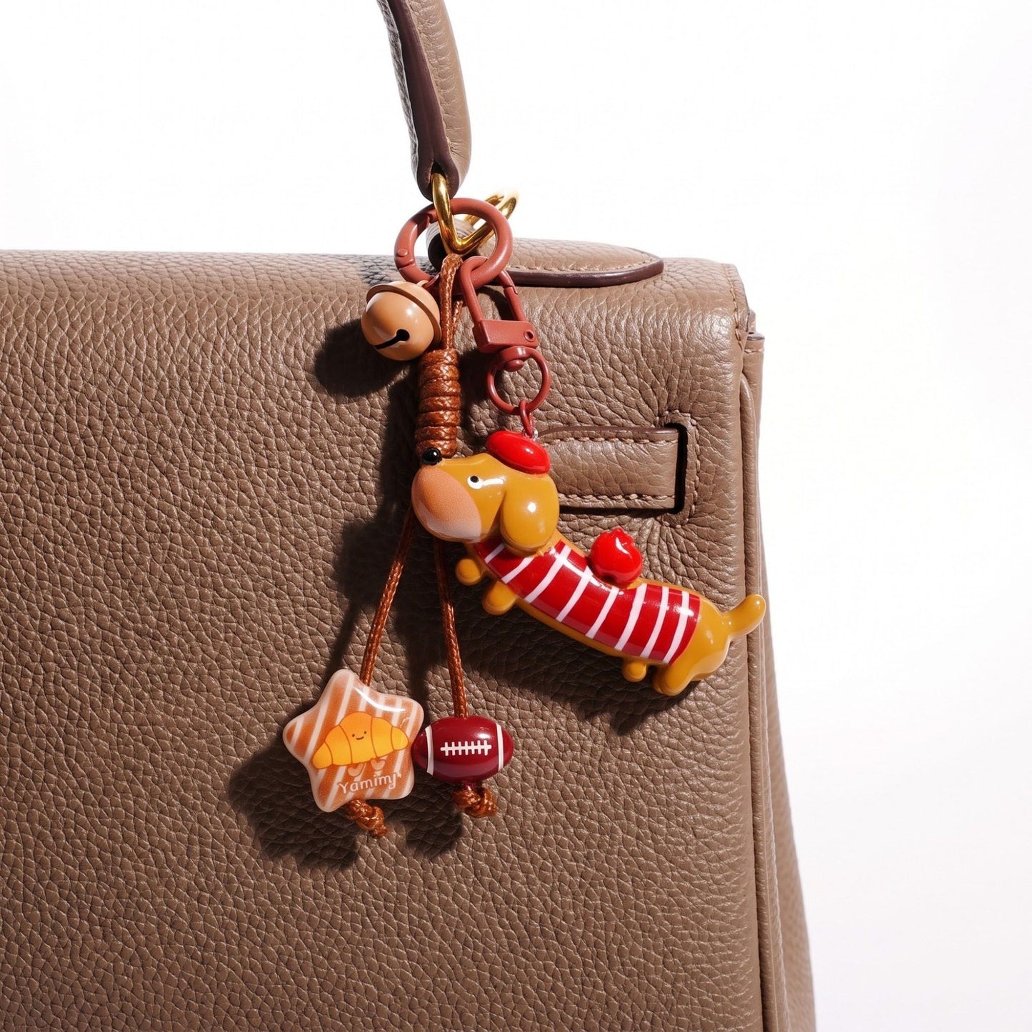 2-Piece Dachshund Dog Keychain Bag Charm Clip with Bell and Dangling Charms