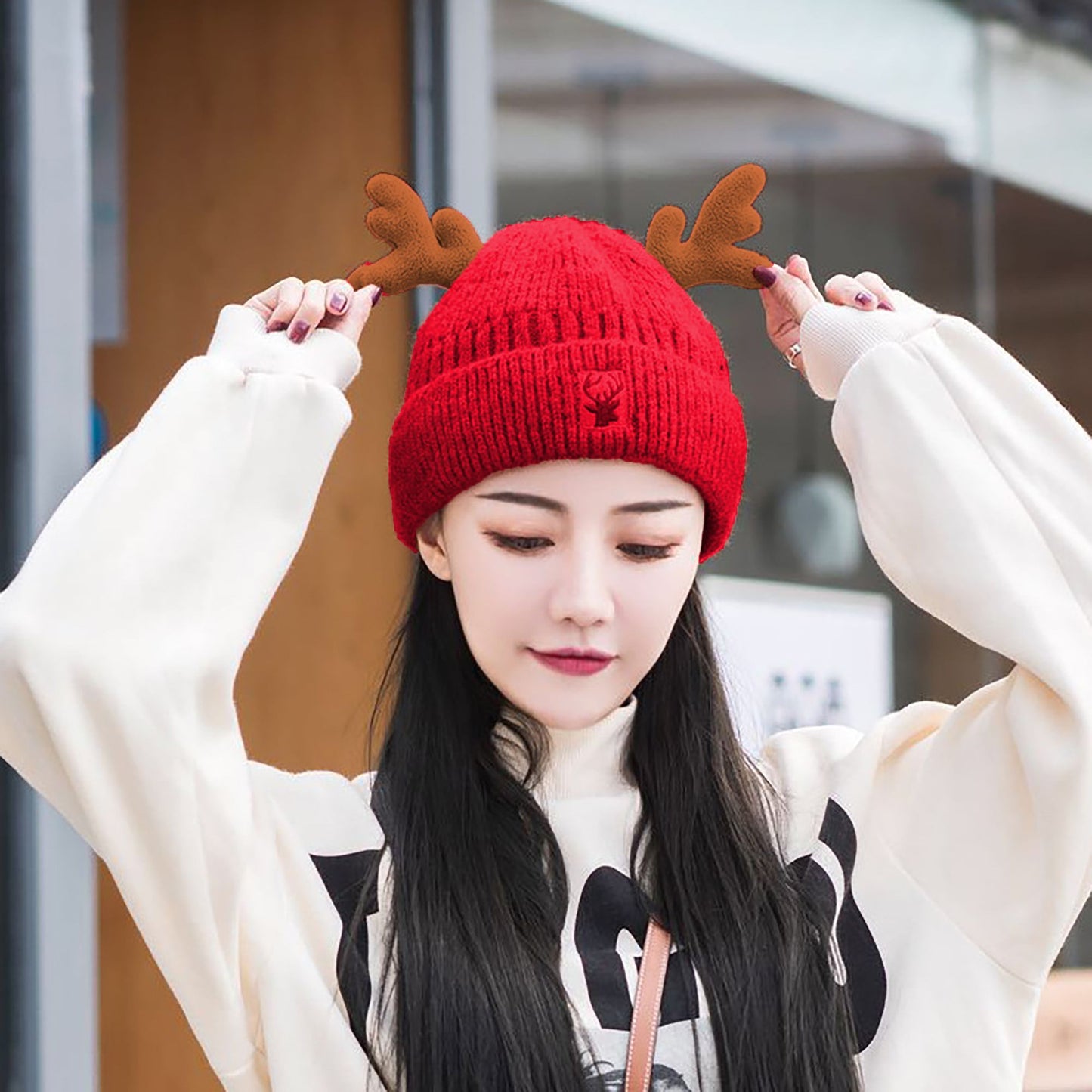 Knit Beanie with Reindeer Antlers - Festive Winter Hat