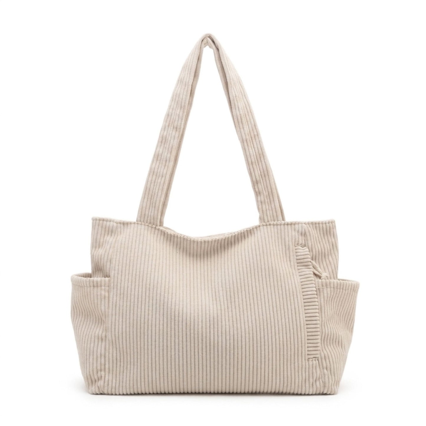 Corduroy Tote Bag Large Capacity Shoulder Bag with Side Pockets and Zipper Closure