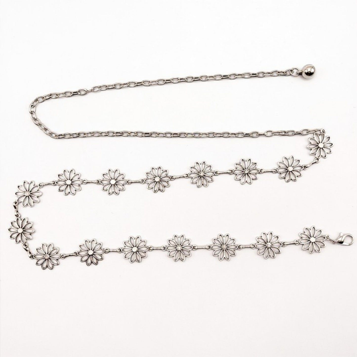 Floral Metal Chain Belt with Adjustable Link and Drop Detail 45.5in