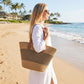Striped Woven Straw Tote Bag Large Capacity Zip Top Shoulder Carryall Handbag