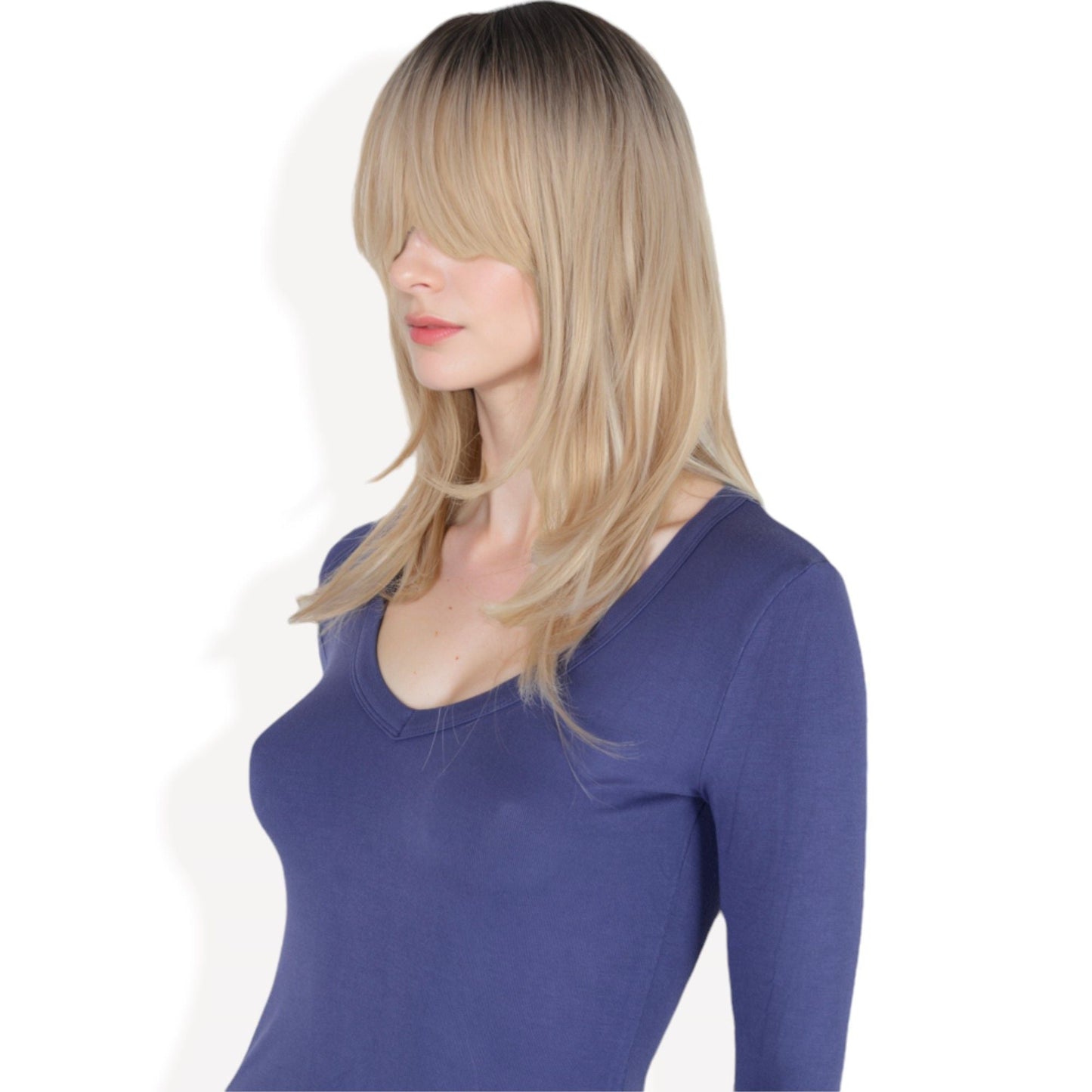 Long Blonde Wig with Curtain Bangs and Dark Roots  Heat Resistant Synthetic Layered Wig for Women