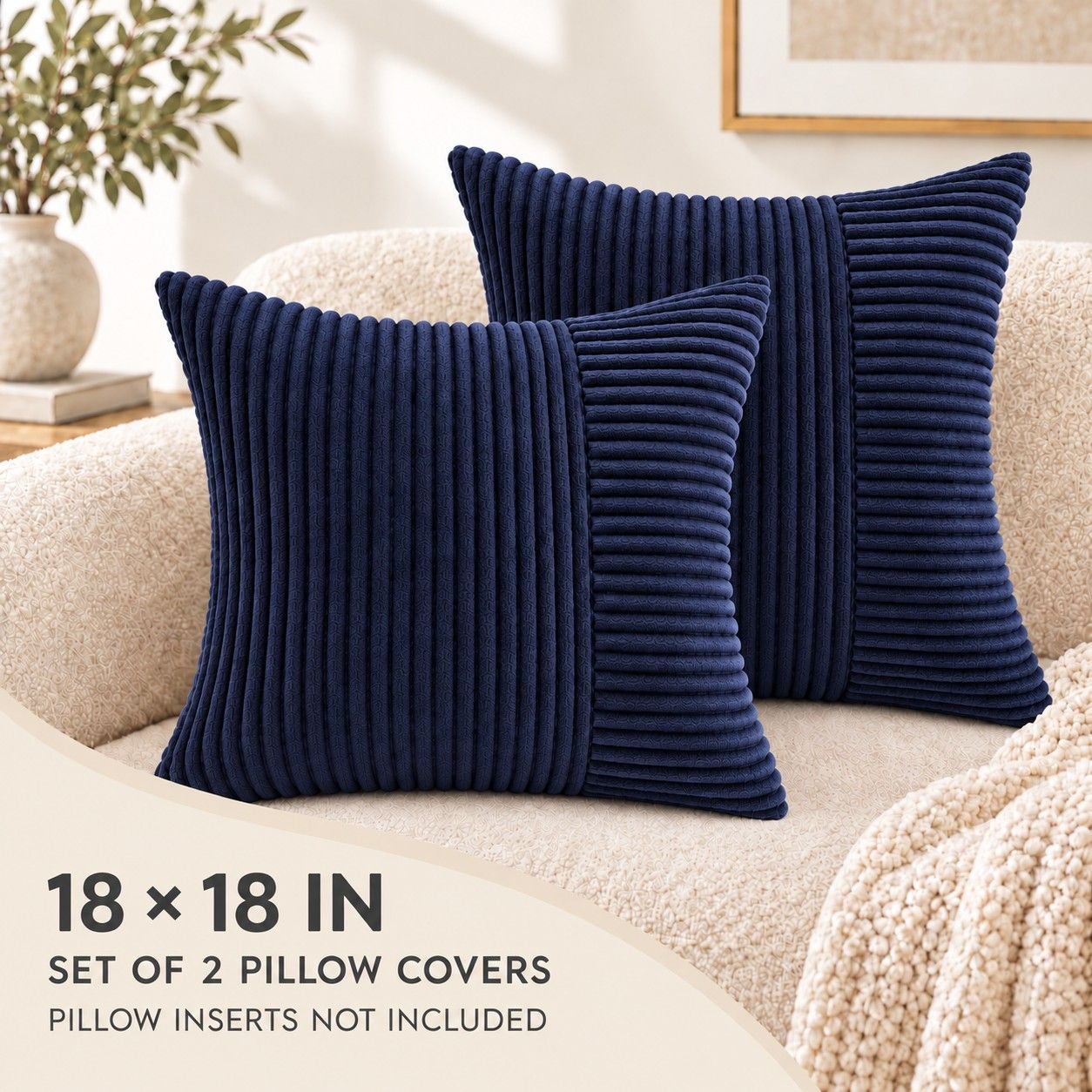 2 Pack Soft Corduroy Throw Pillow Covers 18 x 18 Inch and 12 x 20 Inch