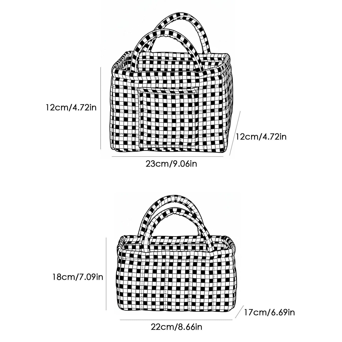 2 Piece Quilted Gingham Storage Tote Set with Handles and Front Pocket