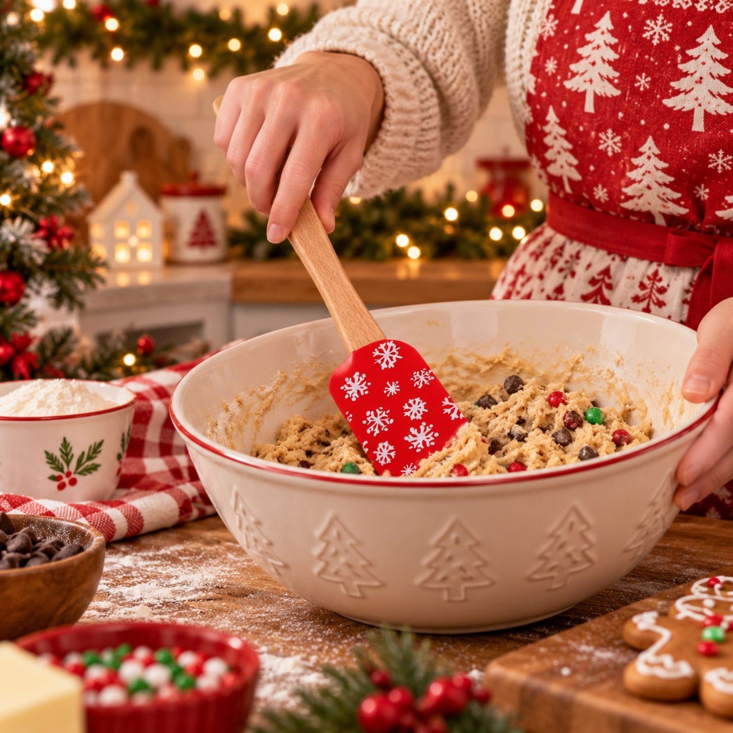 Christmas Silicone Spatula with Wooden Handle for Baking and Cooking