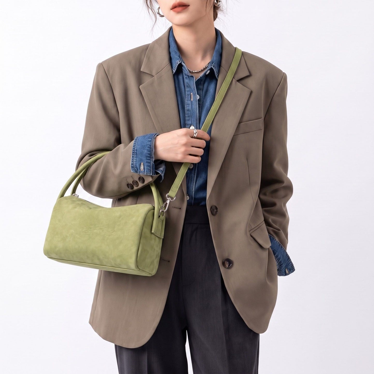 Faux Suede Handbag with Detachable Crossbody Strap and Zipper Closure