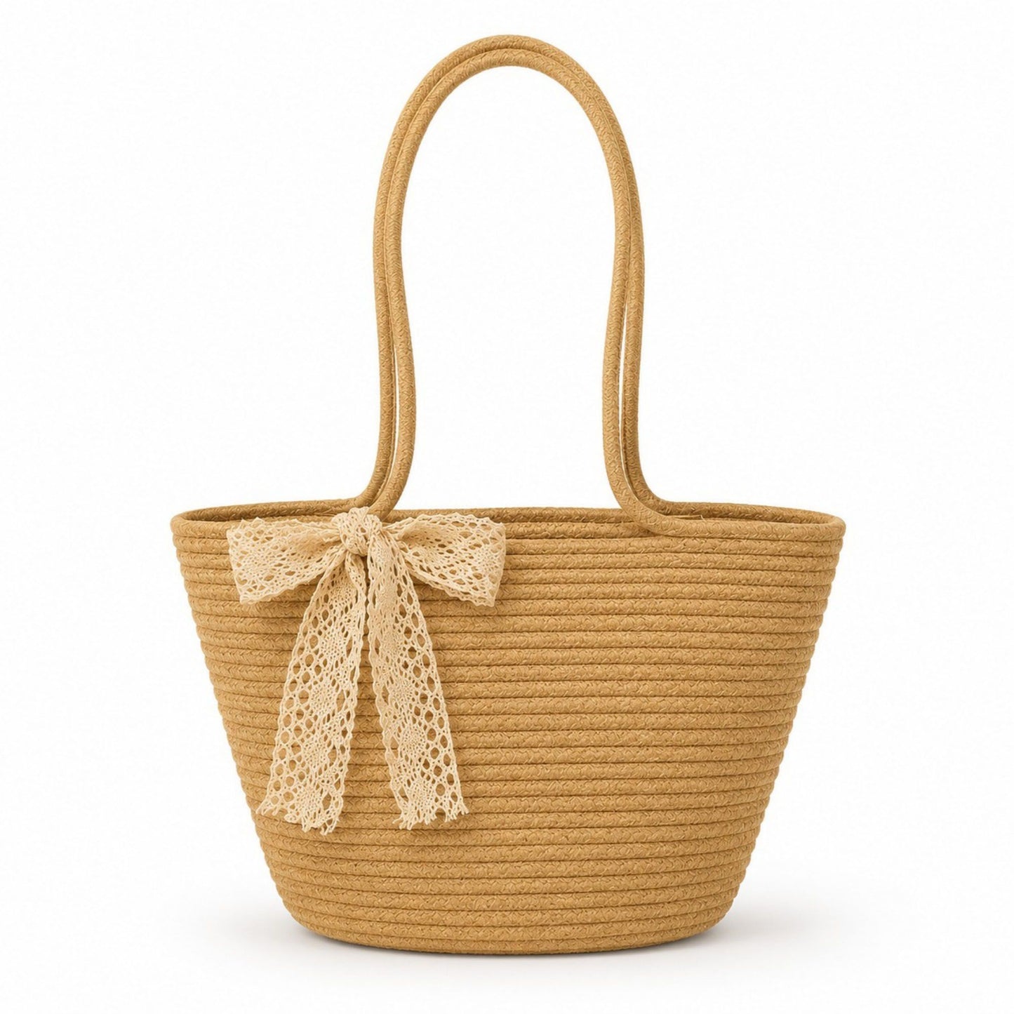 Woven Straw Style Tote Bag Large Capacity Shoulder Bag with Lace Bow Detail