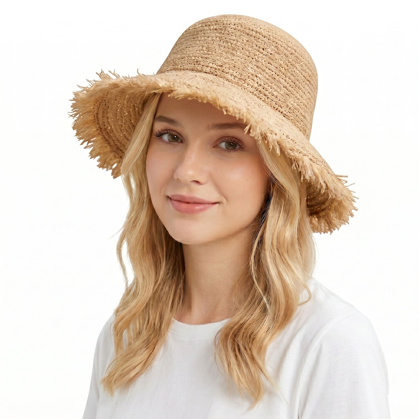 Straw Bucket Hat Frayed Edge Wide Brim Sun Hat Summer Beach UV Protection Cap