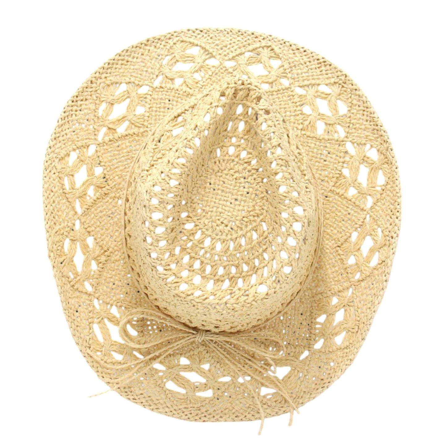 Open Weave Western Sun Hat with Wide Brim and Boho Floral Pattern