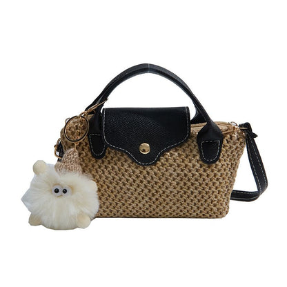 Women's Mini Woven Crossbody Bag with Top Handle Adjustable Strap and Charm