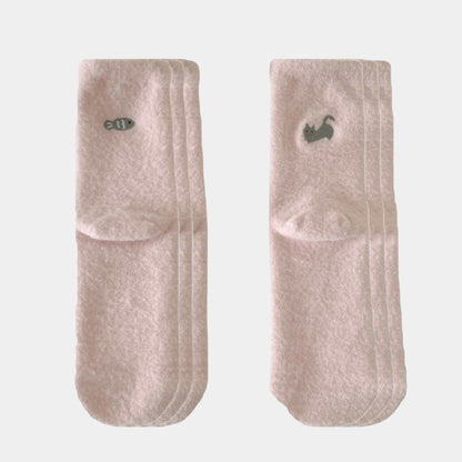 3-Pair Fuzzy Crew Sock Set with Cute Embroidery US 5¨C10