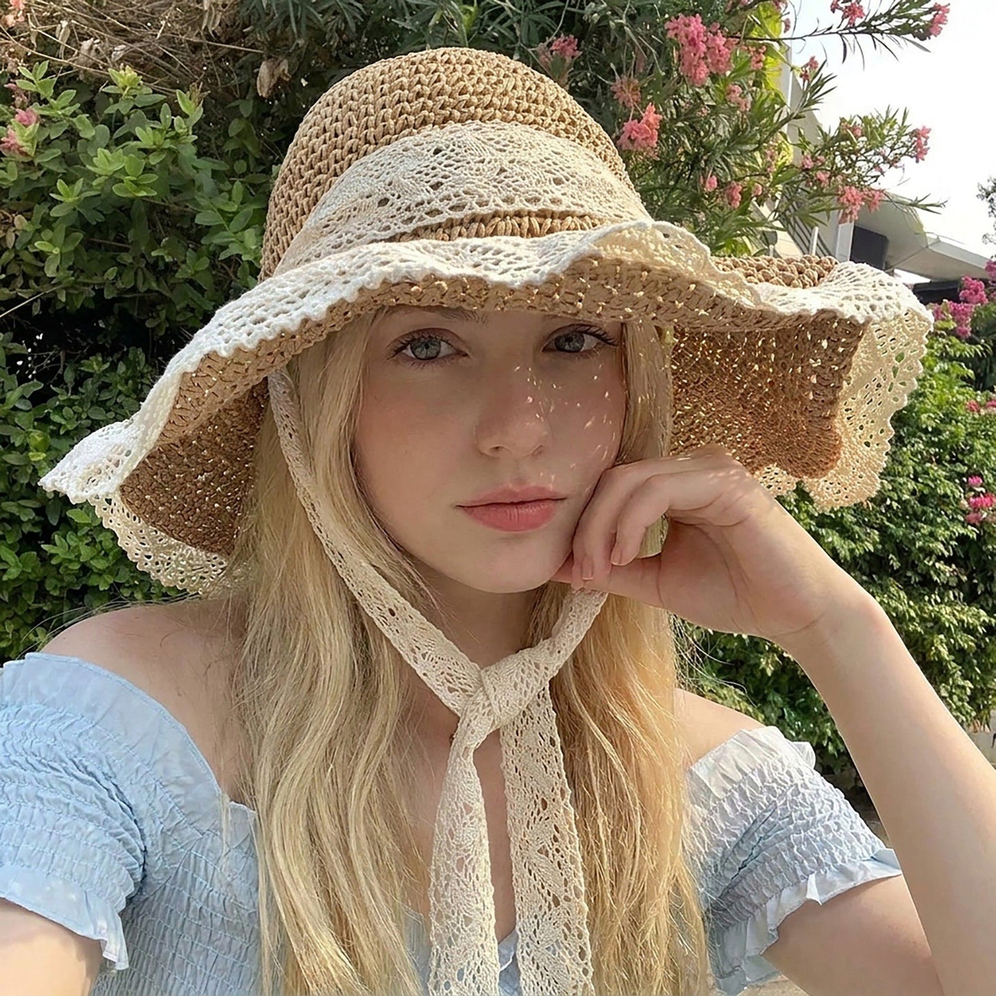 Crochet Wide Brim Sun Hat with Lace Trim Bow Accent and Wavy Brim