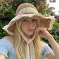 Crochet Wide Brim Sun Hat with Lace Trim Bow Accent and Wavy Brim