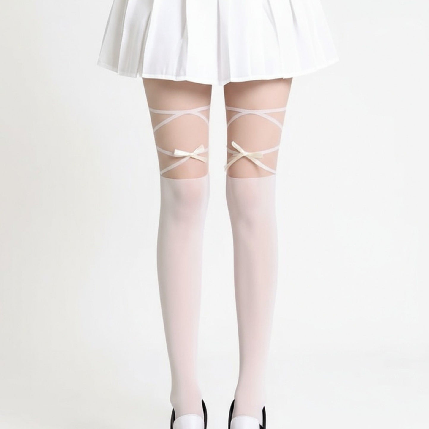 Sheer Tights with Crisscross Lace-Up Detail and Opaque Lower Leg Design