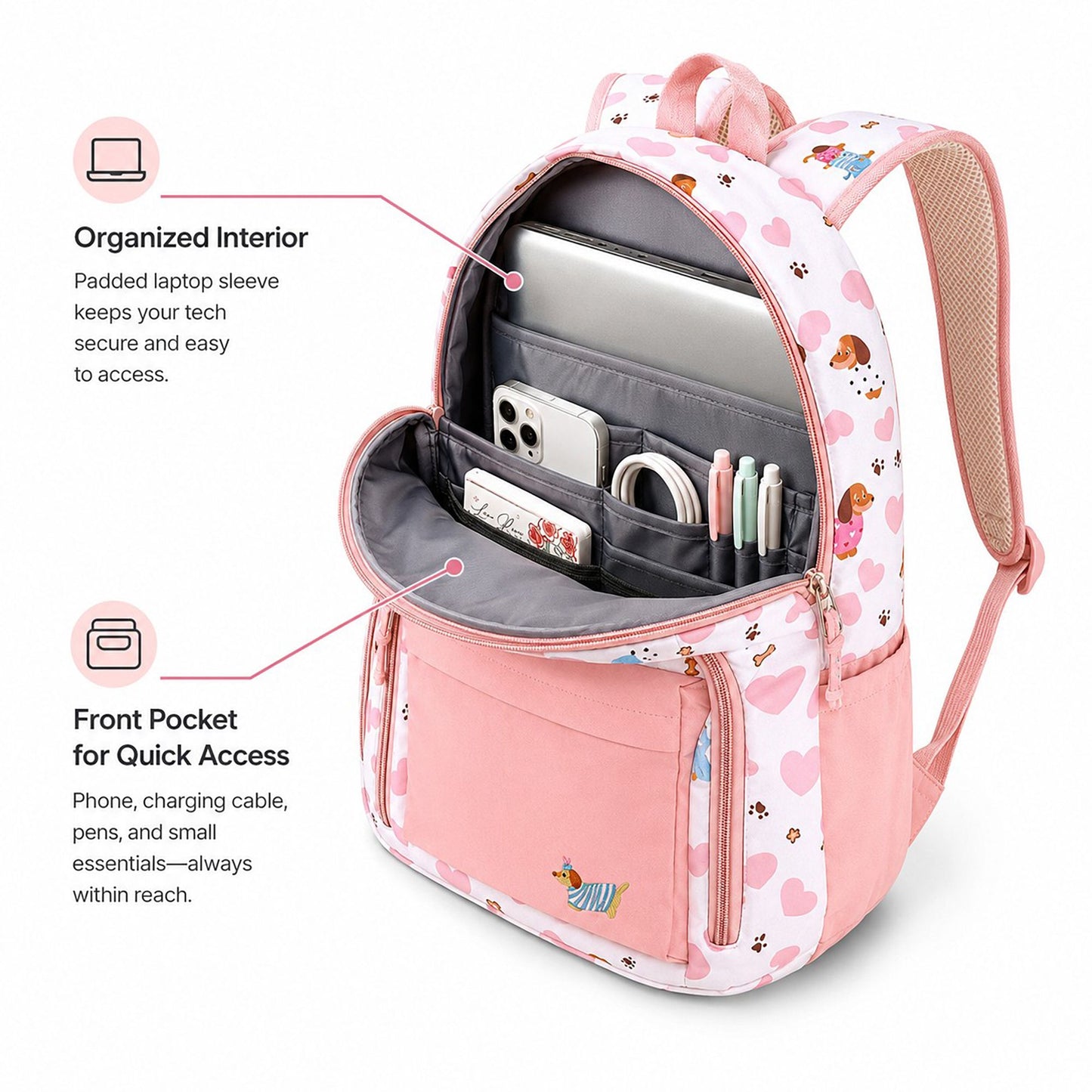 Dog Print School Backpack with Multiple Zip Pockets