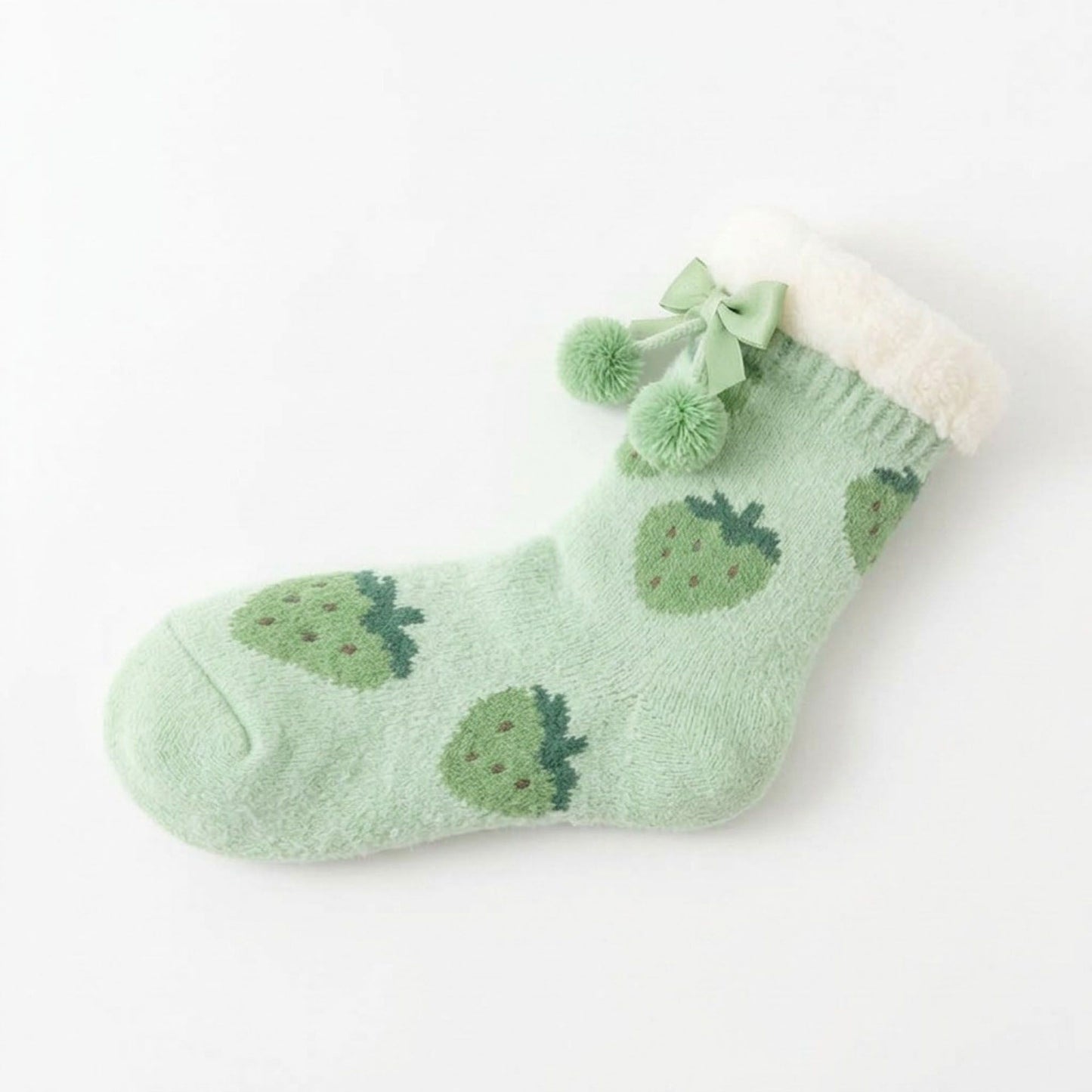 Fuzzy Strawberry Bow Crew Socks  US 5-10.5