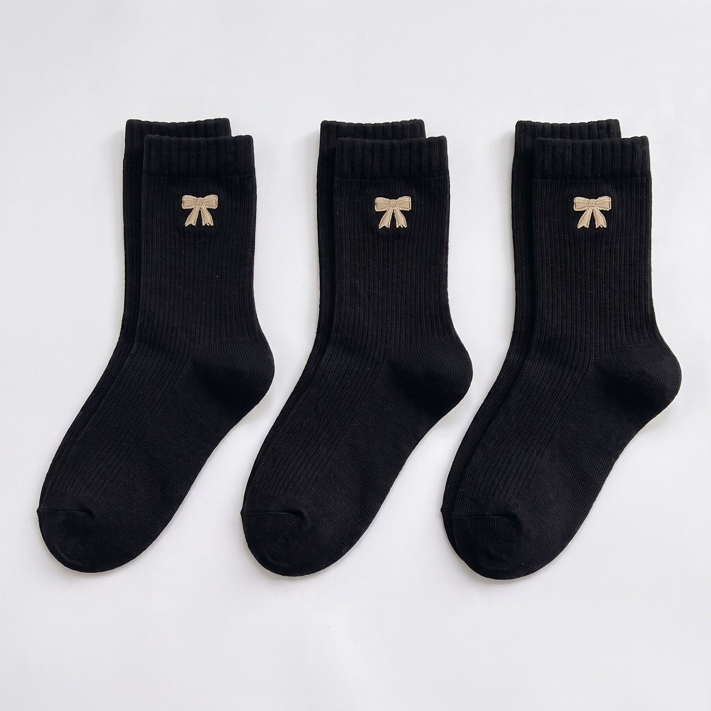 3-Pair Bow Embroidered Crew Socks Set, Ribbed Knit Casual Hosiery