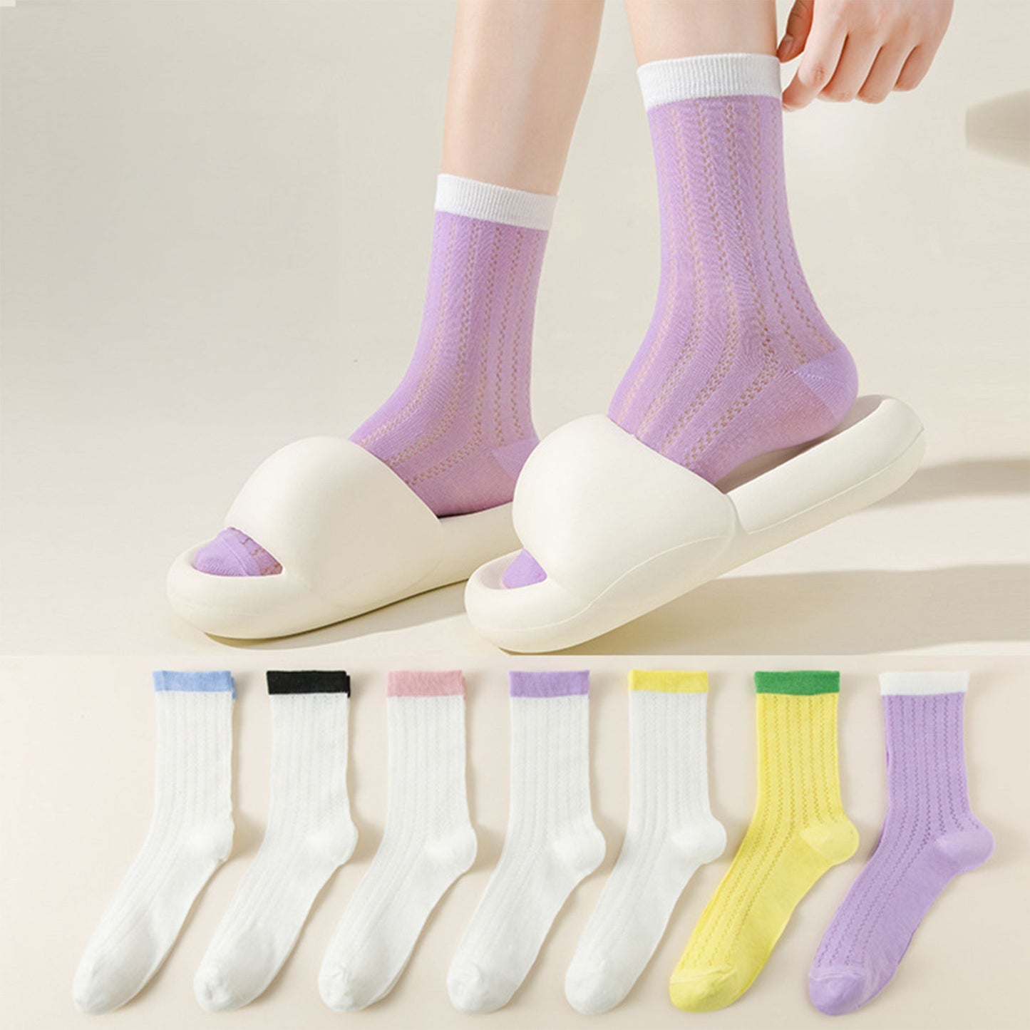 5 Pairs Women's Breathable Lace-Knit Crew Socks with Colored Cuffs Soft Lightweight Anti-Odor for Casual Wear