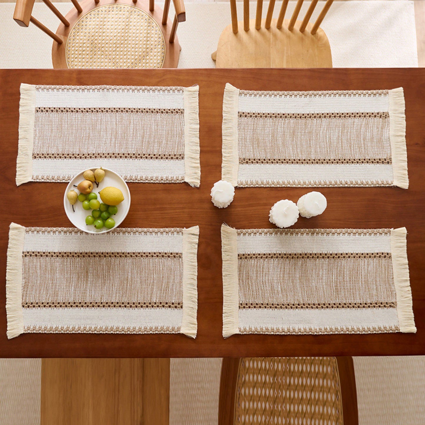 4 Set Woven Rectangular Placemats with Textured Stripes and Fringe Edges 11.8x19.5 in