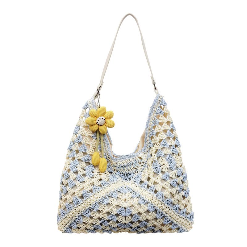 Women's Crochet Woven Hobo Shoulder Bag with Daisy Charm and Lined Interior