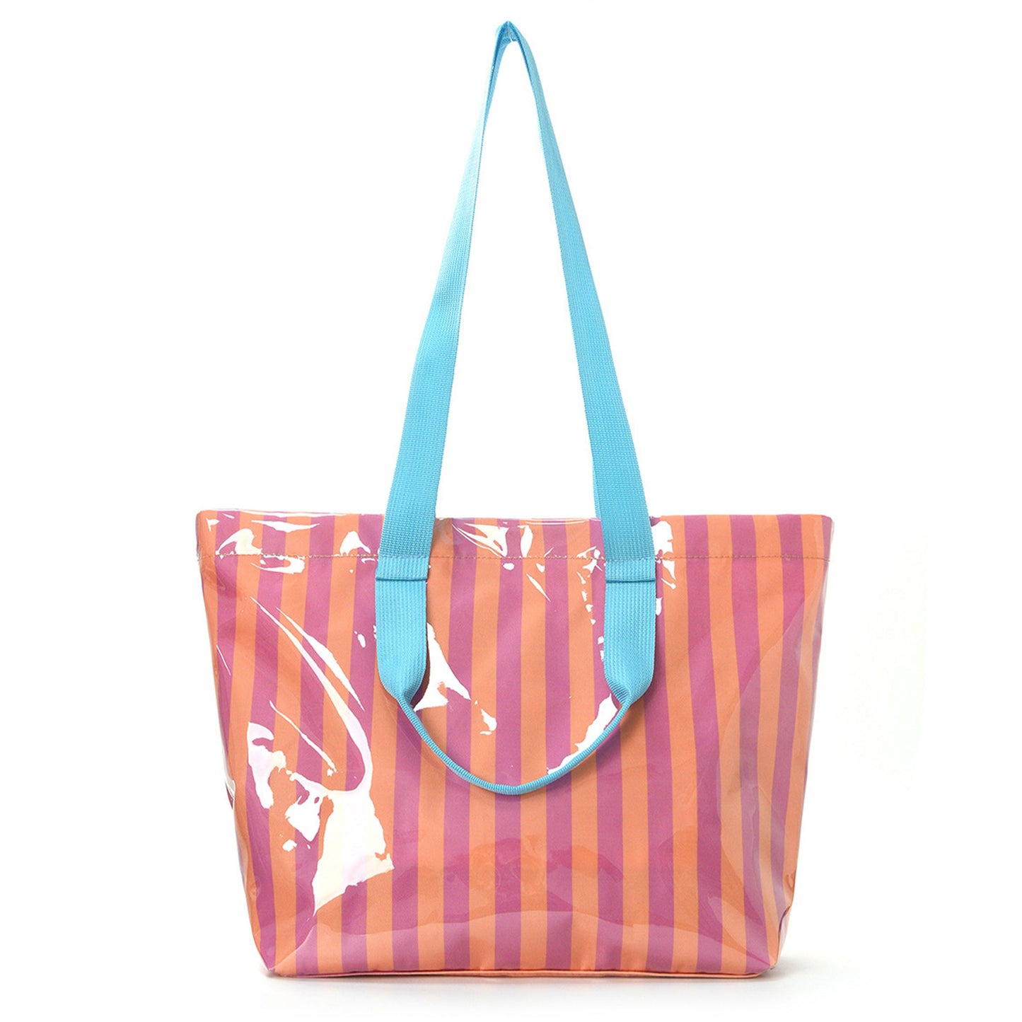 Striped PVC Beach Tote Bag with Magnetic Closure and Zip Pocket