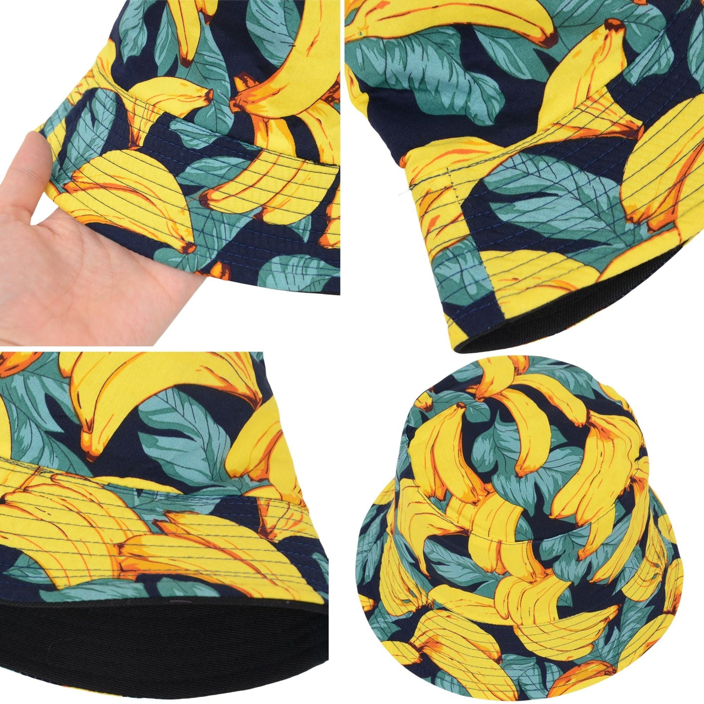 Fruit Print Bucket Hat Double-Side-Wear Reversible Fisherman Hats Summer Foldable Cap for Women- Banana