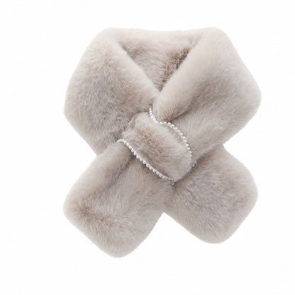 Plush Faux Fur Scarf Soft Slip Through Neck Warmer with Pearl Look Bead Trim 31.5*4.7 Inches