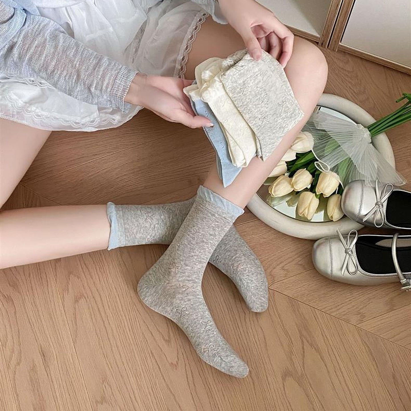 Bow-Patterned Ruffle-Cuff Ankle Socks 6pk