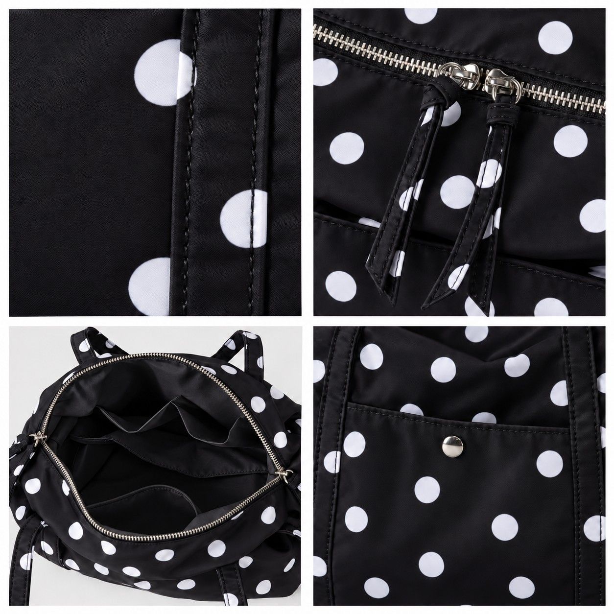 Polka Dot Nylon Barrel Shoulder Bag with Double Handles Zip Closure and Interior Pockets