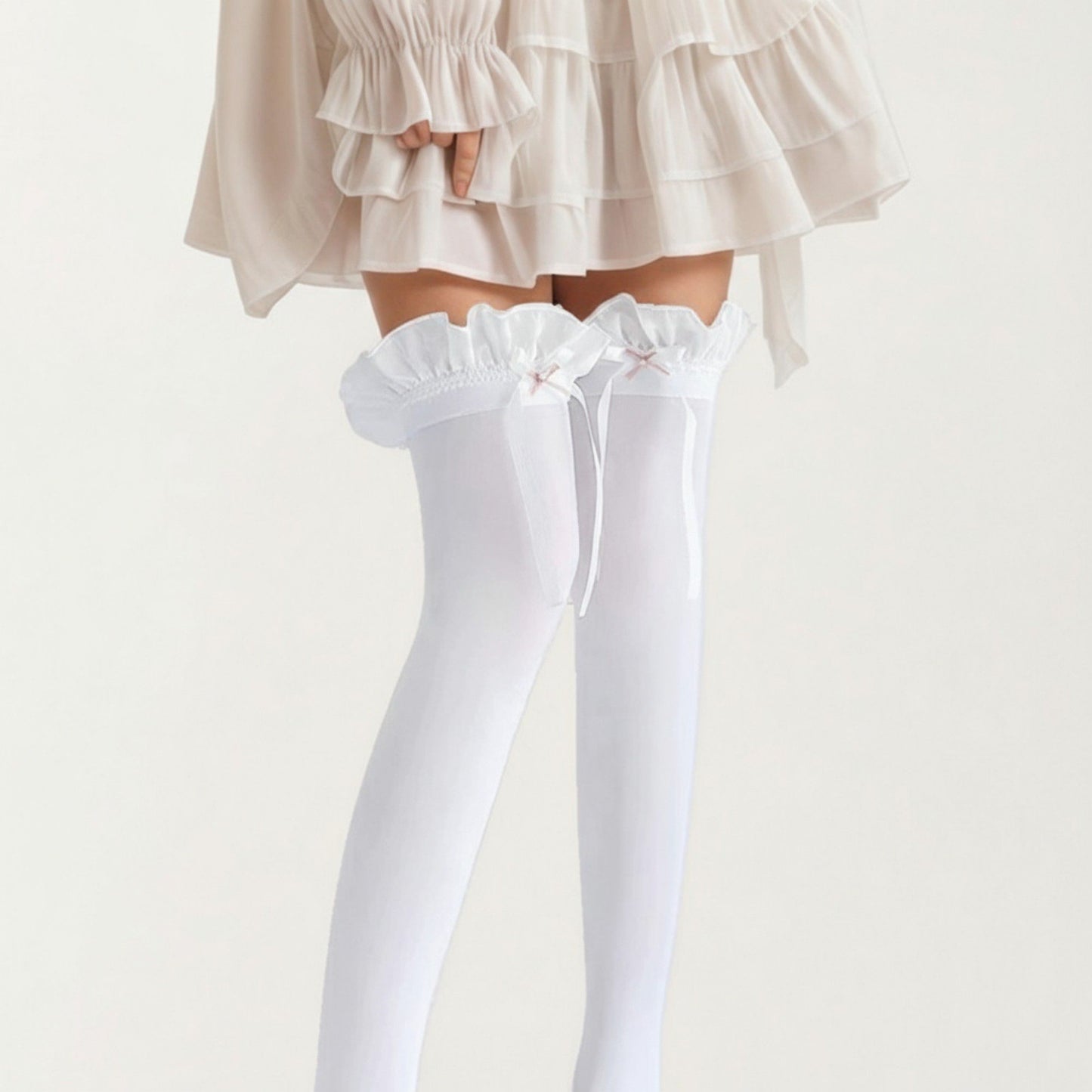 2pcs Women's Over-the-Knee Tights with Ruffled Trim and Satin Ribbon Bow Detail