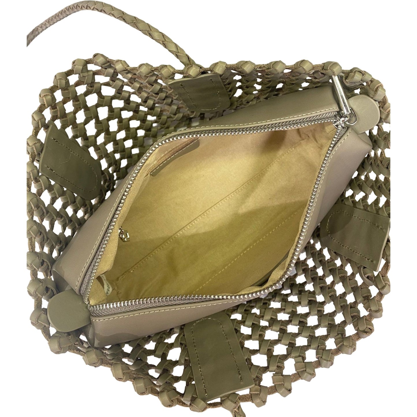 Open Weave Leather Tote Bag with Braided Shoulder Straps and Interior Zip Compartment