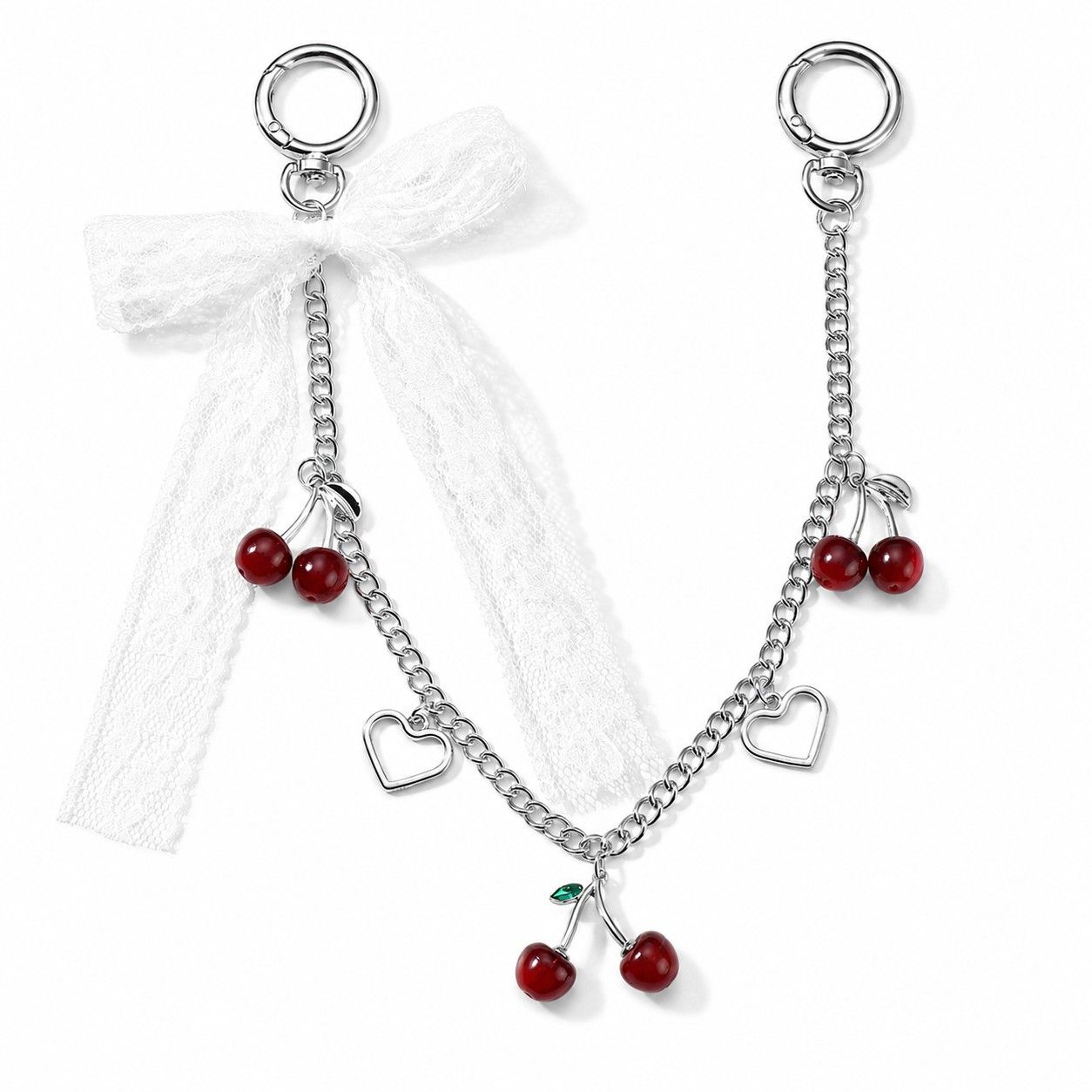 Lace Bow Cherry Bag Chain Charm with Heart Accents and Double Ring Clasps
