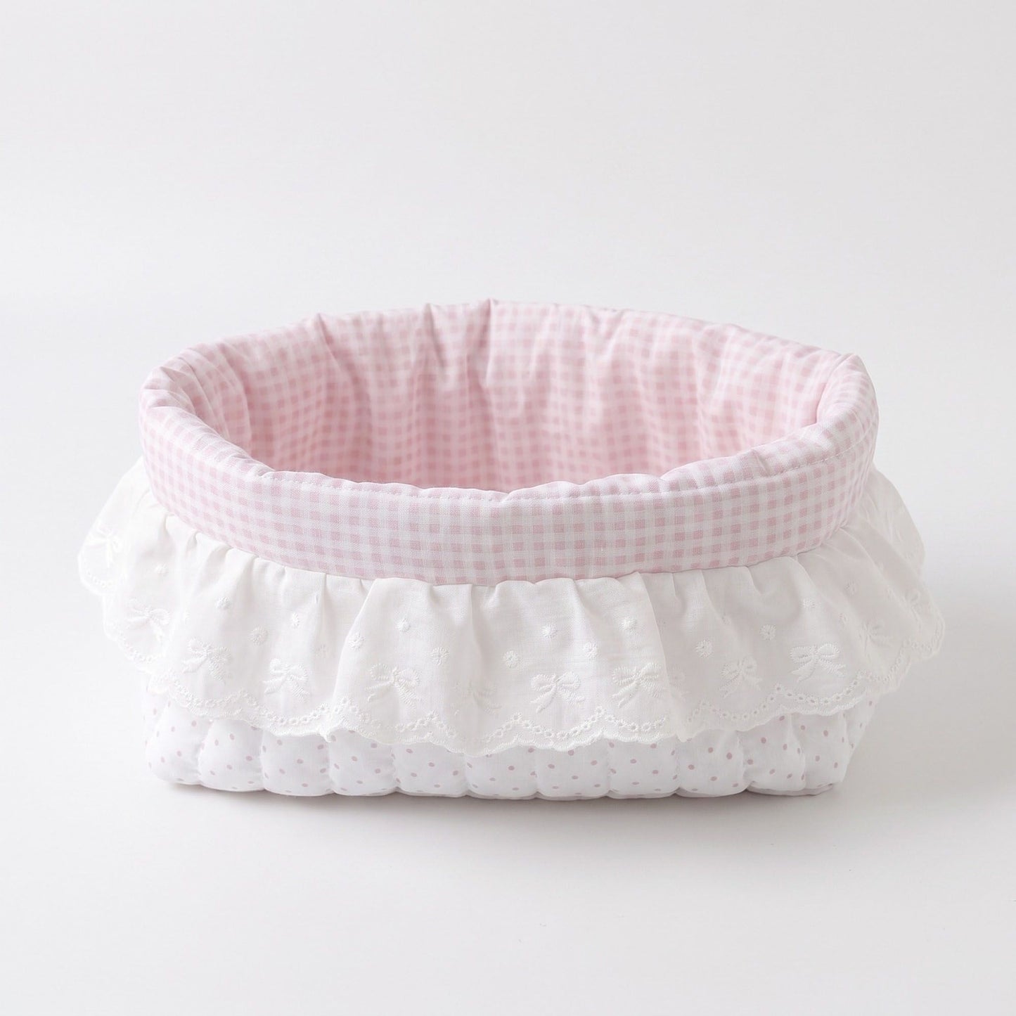 Gingham Polka Dot Quilted Storage Basket with Lace Eyelet Ruffle