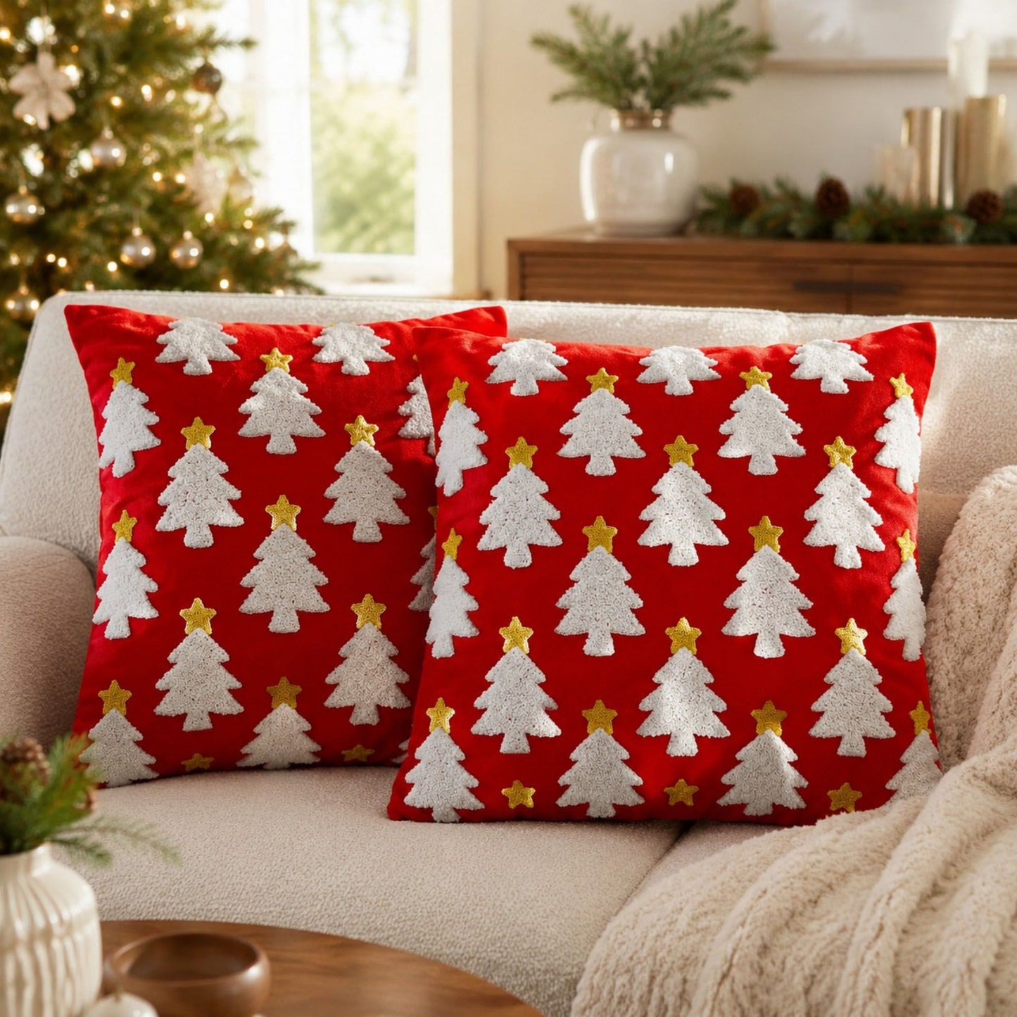 2 Pack Christmas Tree Bow Embroidered Velvet Pillow Covers