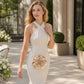 Flower Clutch Bag Metallic Look Evening Handbag with Chain Strap and Beaded Floral Accent