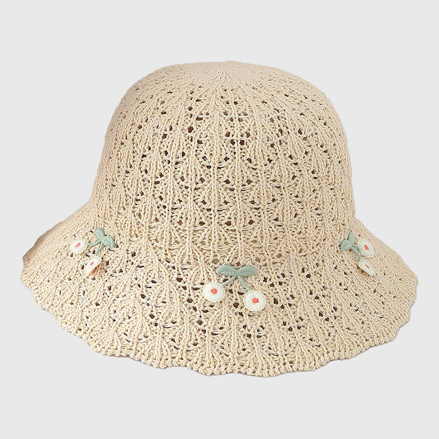 Crochet Straw Sun Hat with Cherry Accents
