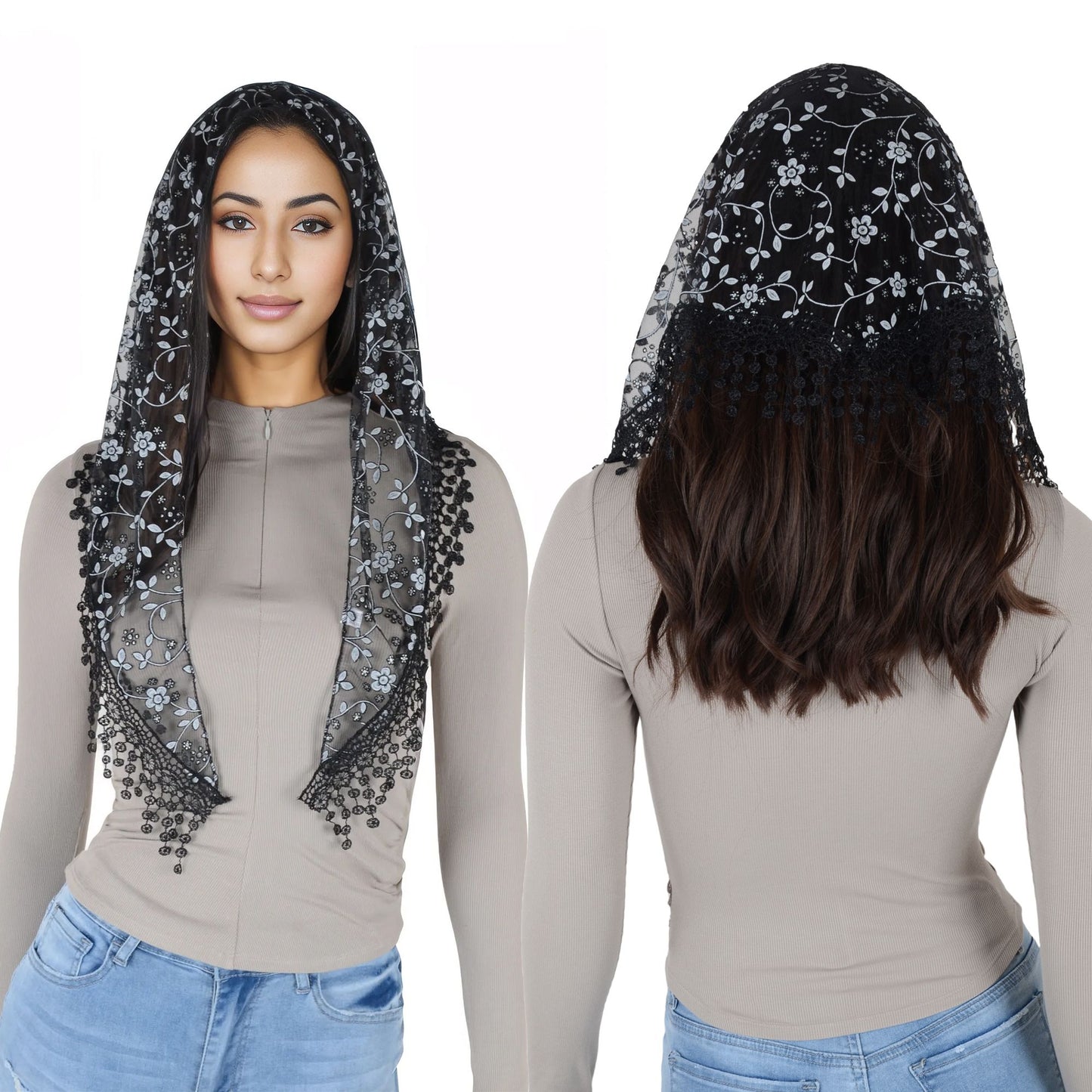 Lightweight Lace Floral Head Scarf Fringe Triangular Shawl