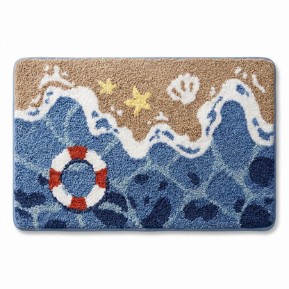 Coastal Ocean Wave Plush Bathroom Mat with Life Preserver and Seashell Design