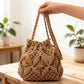 Macrame Bucket Bag Knotted Rope Handbag Drawstring Shoulder Bag Textured Woven Crossbody Style Lightweight Boho Purse