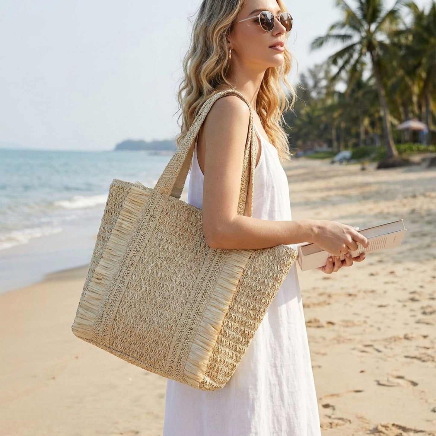Woven Tote Bag with Fringe Detail and Shoulder Handles
