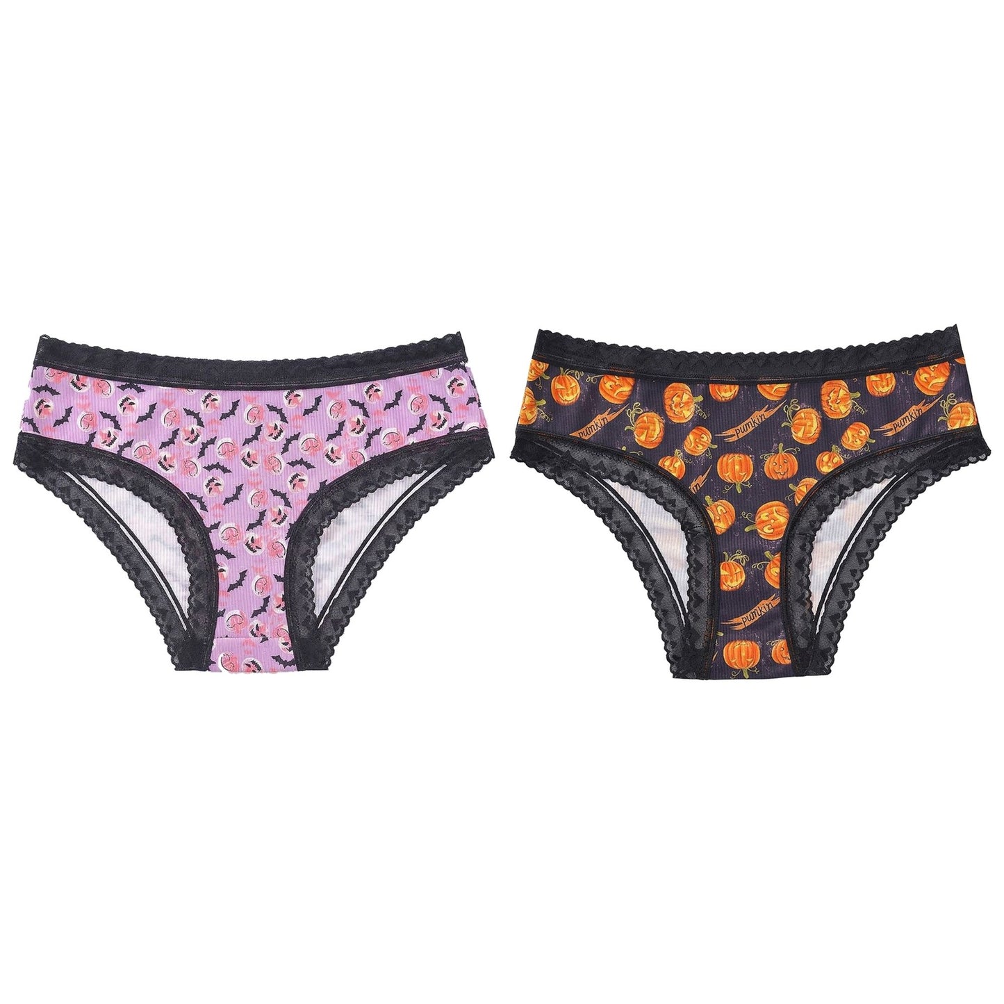 2 Pack Halloween Pumpkin Print Lace Trim Bikini Underwear