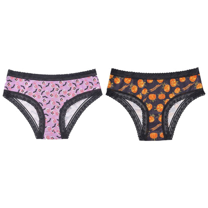 2 Pack Halloween Pumpkin Print Lace Trim Bikini Underwear