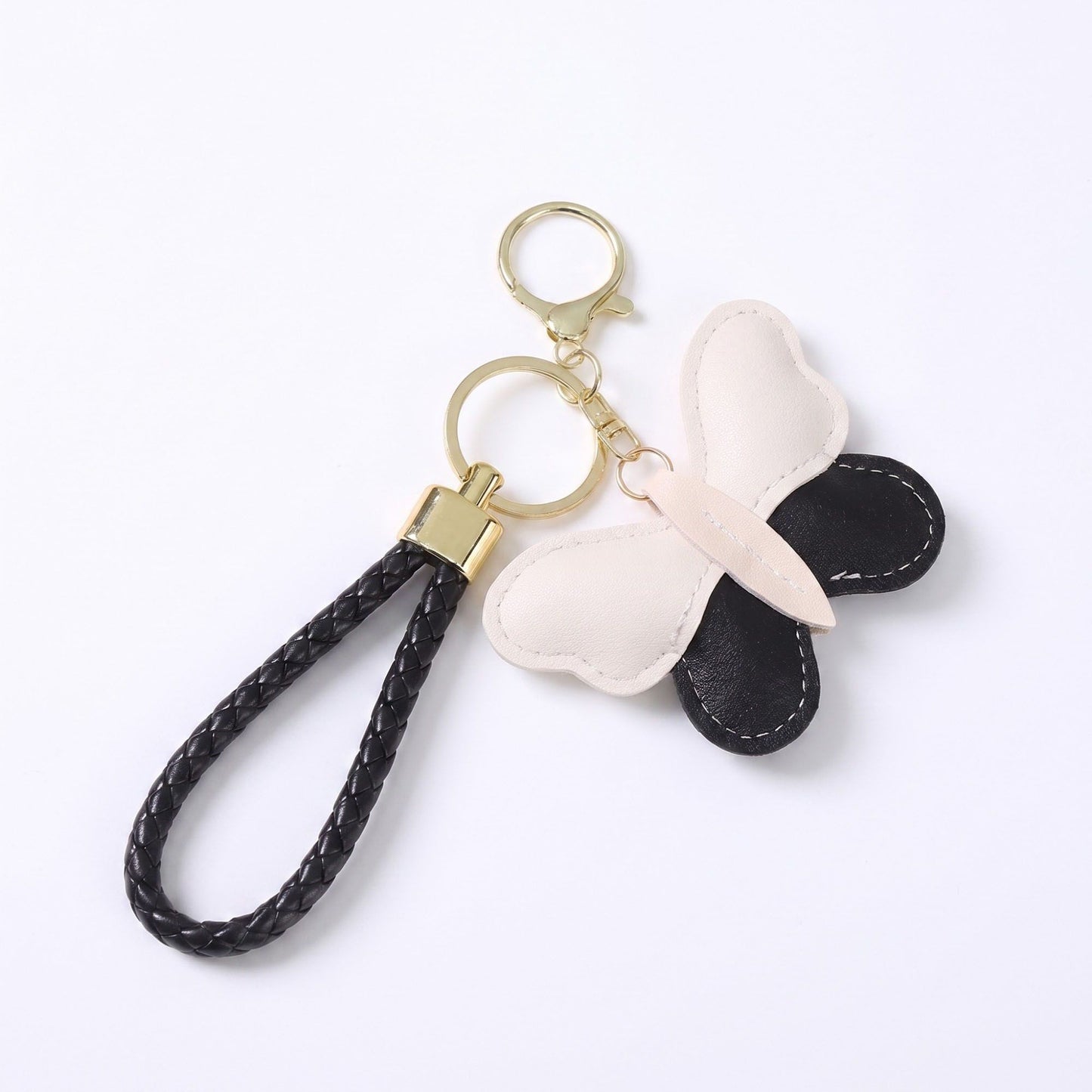 2-Piece Womens Faux Leather Bag Charm Keychain with Braided Wrist Strap and Gold Tone Ring
