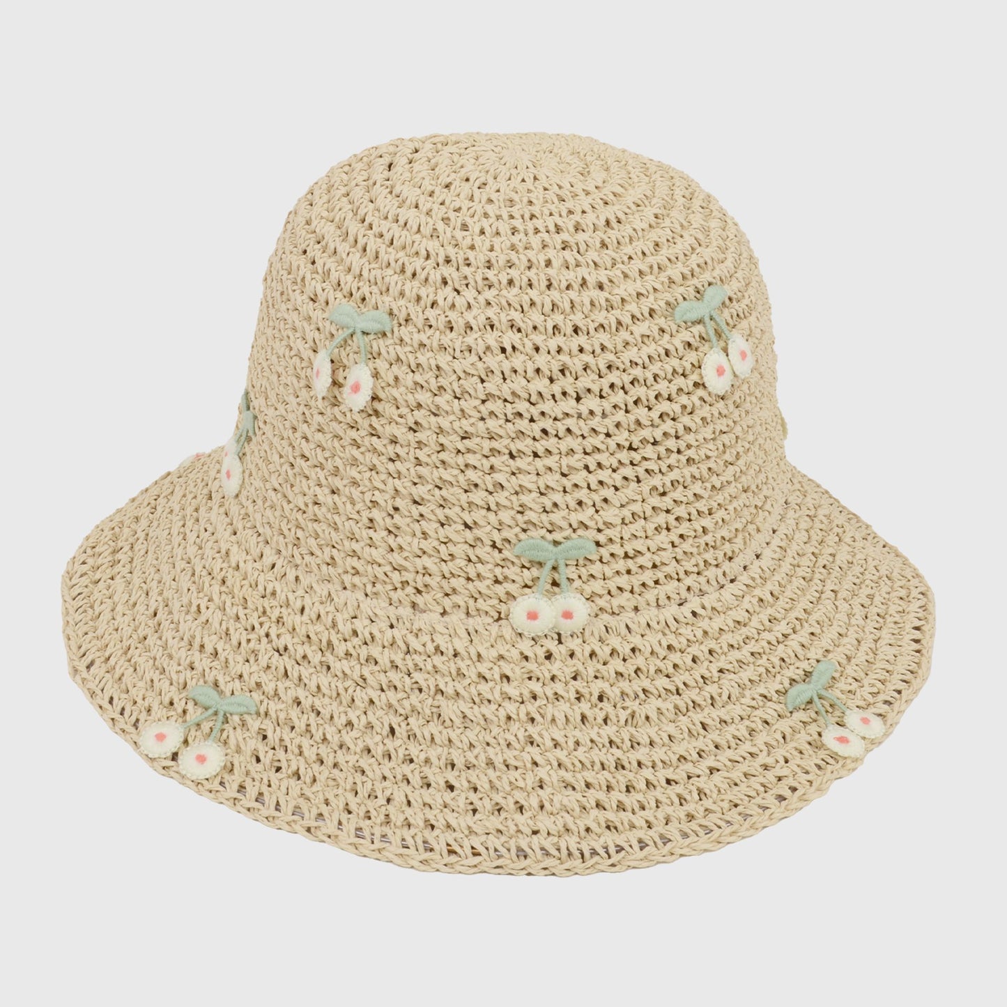 Straw Bucket Hat with Cherry Embellishments