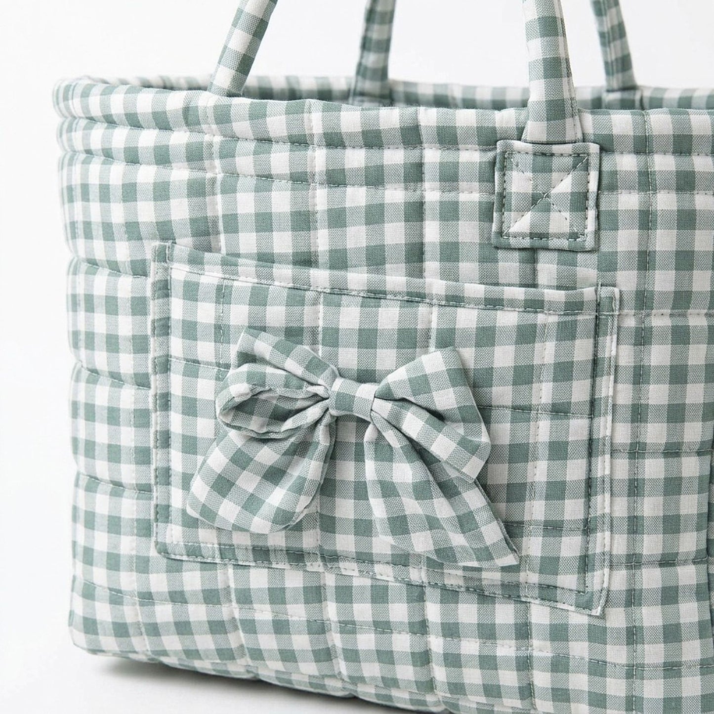 Gingham Quilted Storage Basket with Handles and Bow
