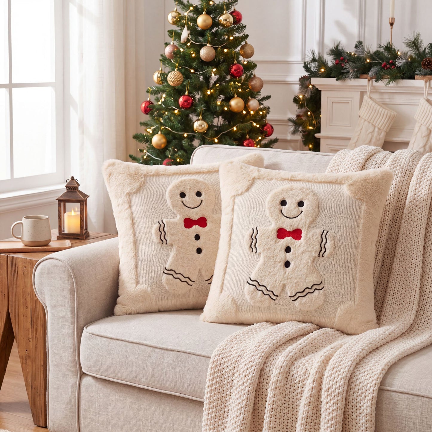 Christmas Gingerbread Throw Pillow Cover Plush Decorative Cushion Cover for Sofa Bed