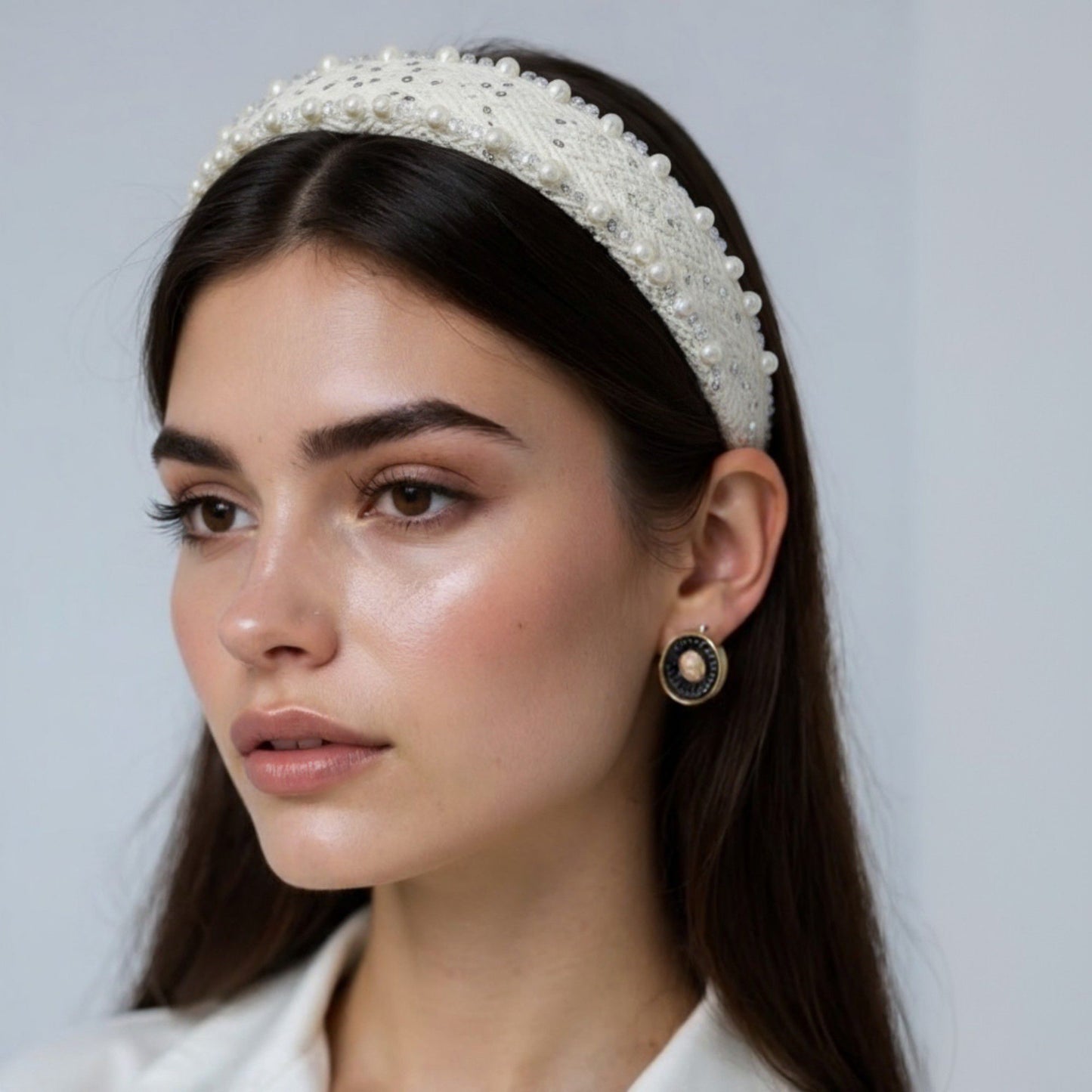 2pcs Women's Padded Satin Fashion Headband with Pearl Design and Crystal Bead Embellishments 6.3x4.7x1.2in