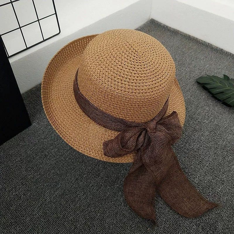 Women Straw Sun Hat Wide Brim Woven Beach Hat Bow Tie Detail Breathable Summer Hat