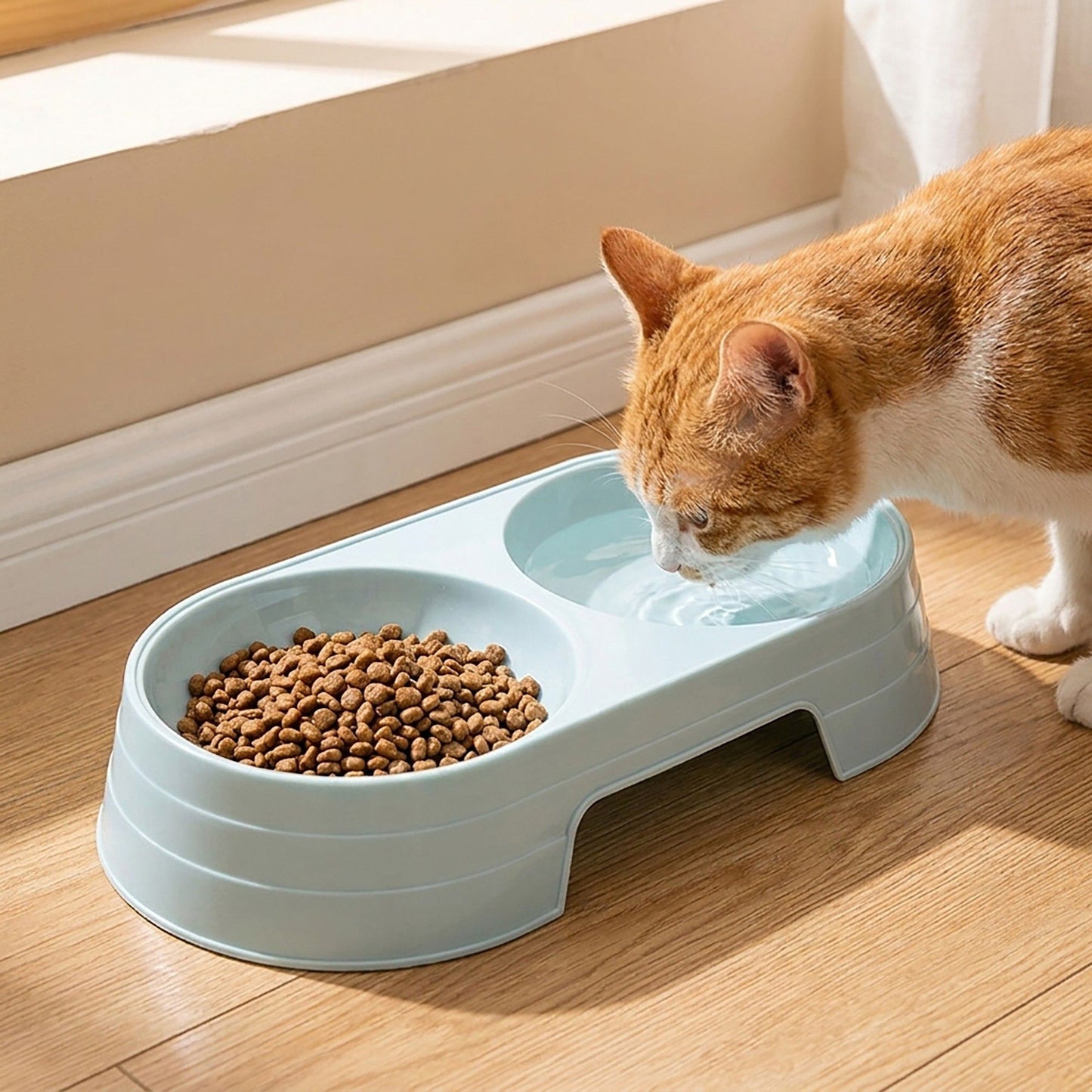 Plastic Double Pet Bowl with Raised Base for Food and Water