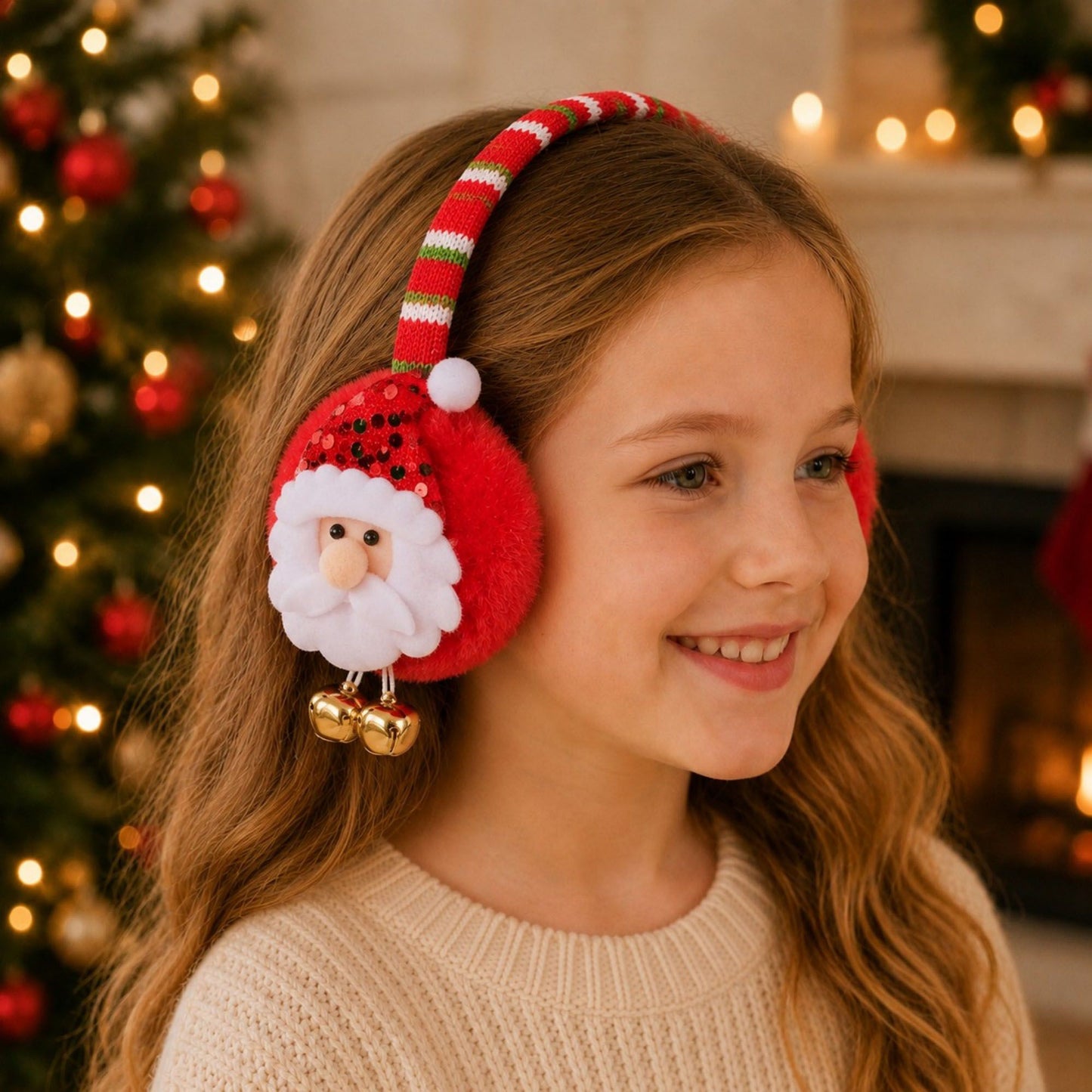 Christmas Santa Plush Earmuffs with Jingle Bell Accents